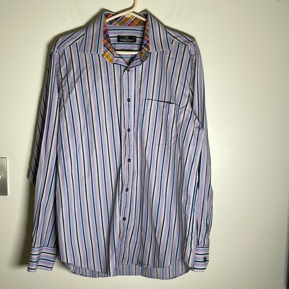 Bugatchi Uomo Mens Long Sleeve Button Down Shirt Multicolored Stripes L